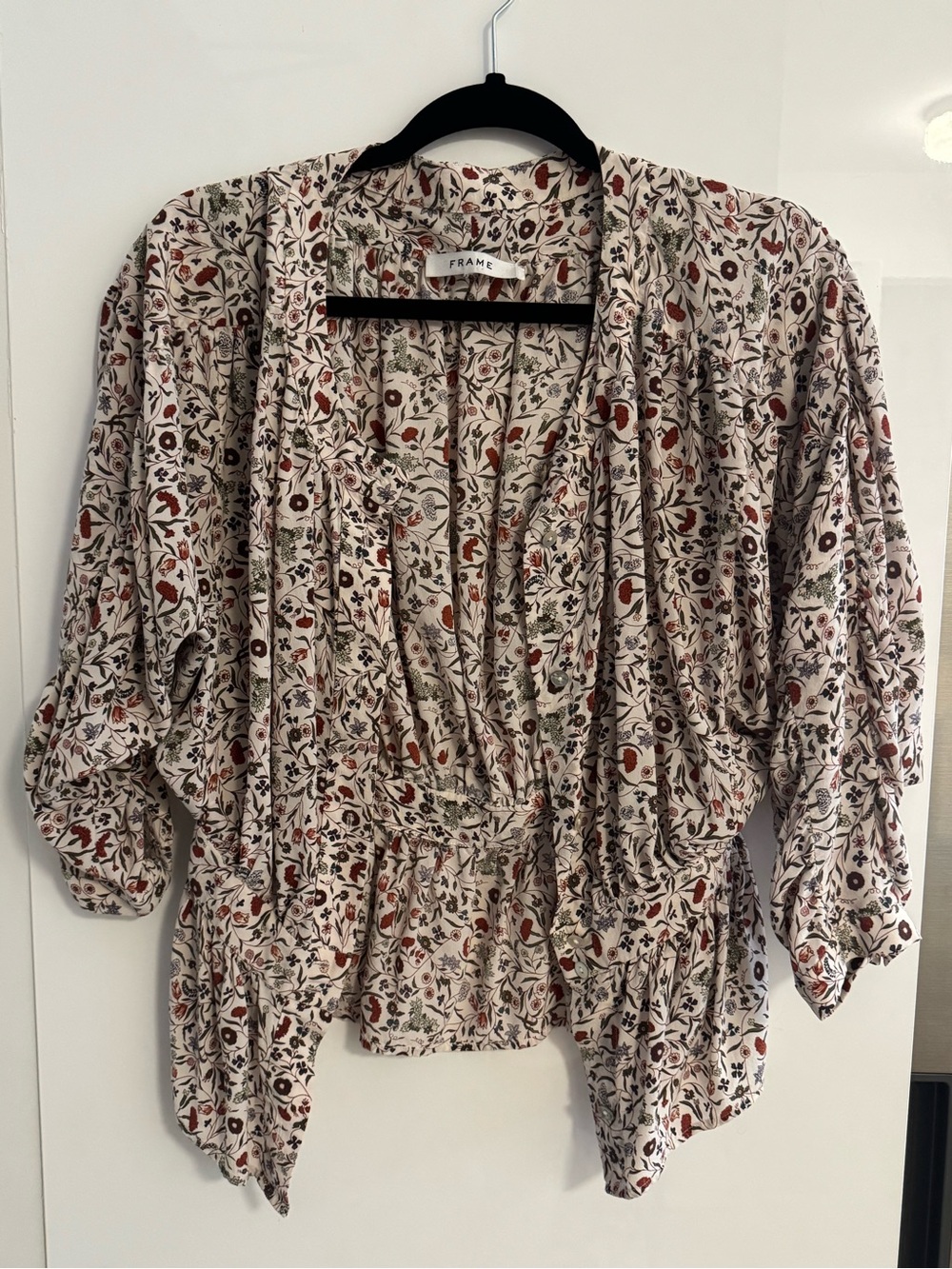 Frame Denim Floral Wrap Blouse in Cream with Rust and Olive
